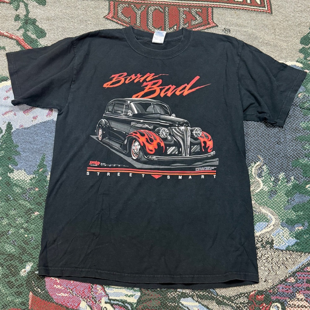 Vintage 1992 Andy's Born Bad Chevy Hot Rod Graphic T-Shirt Mens L Black